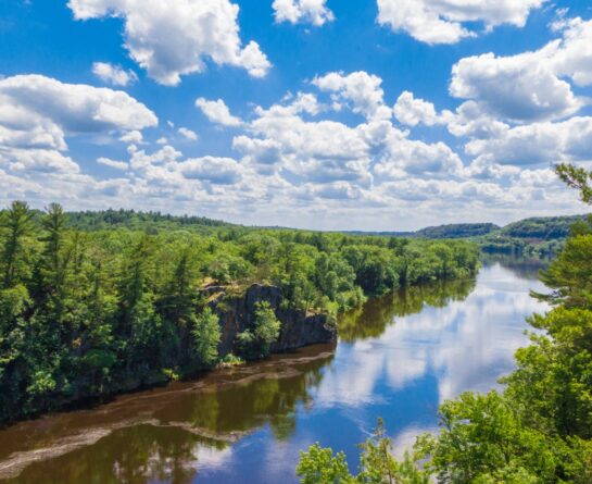 view of river from high point in deciduous and evergreen forest