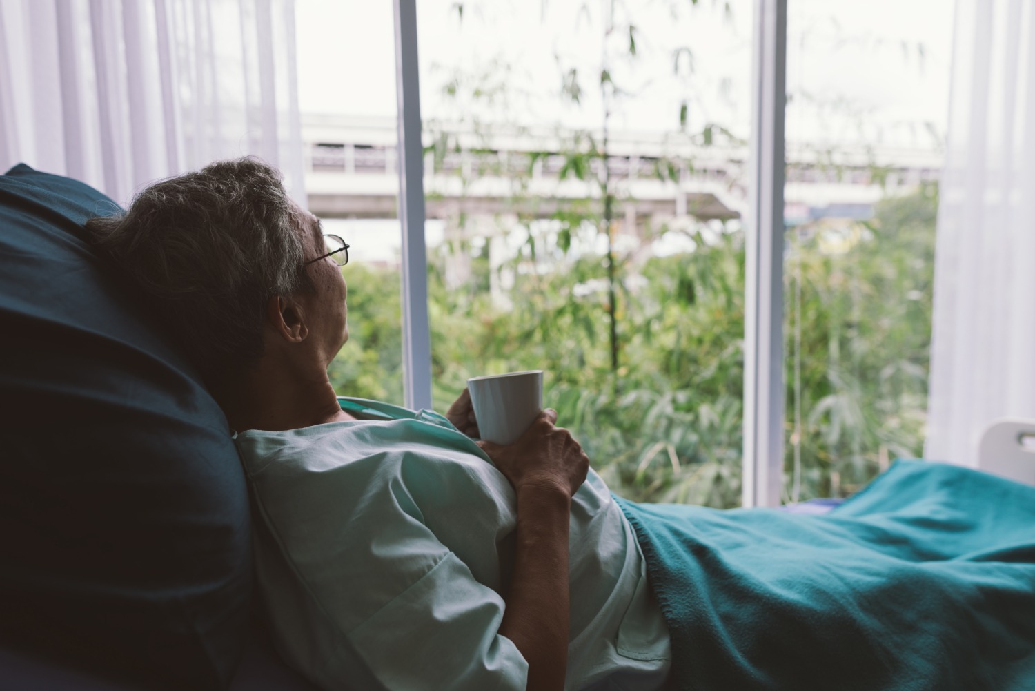 elderly person looking out window