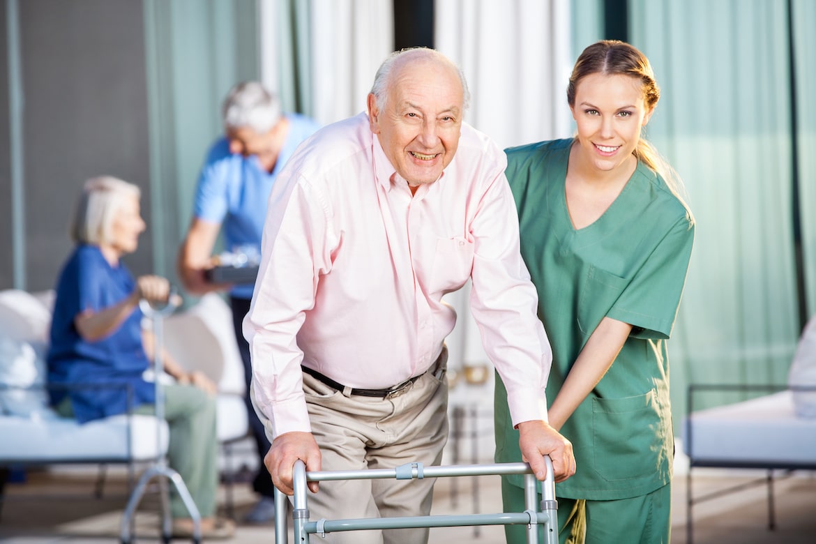 Hospice patient walking with nurse
