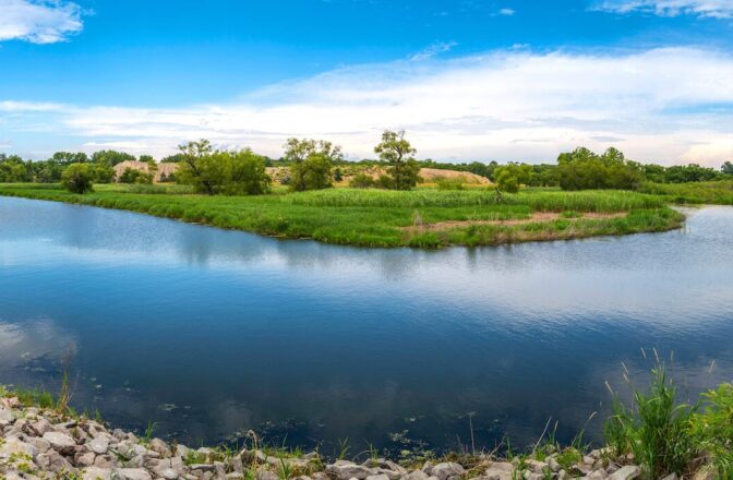 River fork and land with green grass and trees