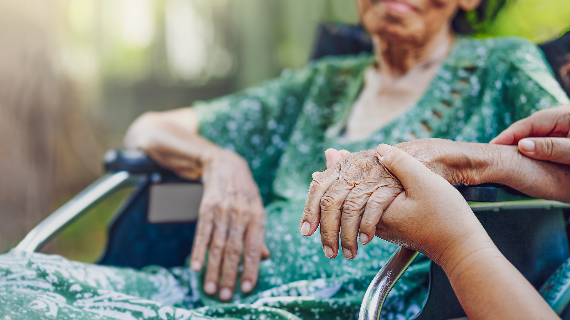 close up of person holding elderly woman's hand sitting in wheelchair